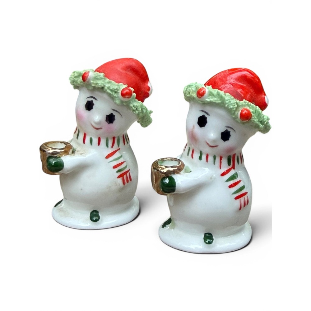 Vintage Napcoware Miniature Snowman Candle Holders Spaghetti Trim Bone China